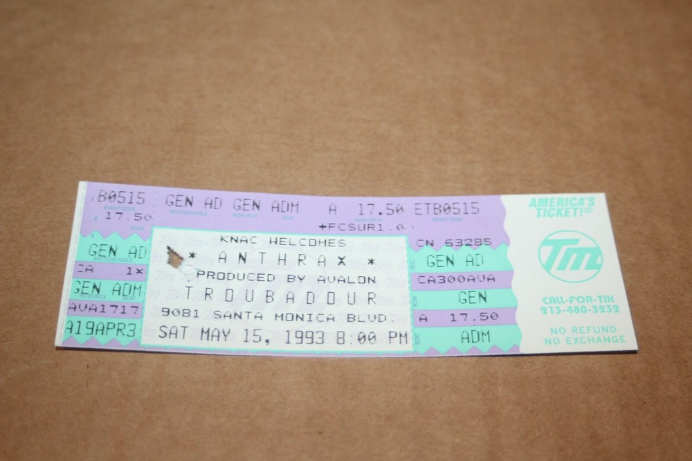 Anthrax / ticket + backstage pass - FREE SHIPPING -
