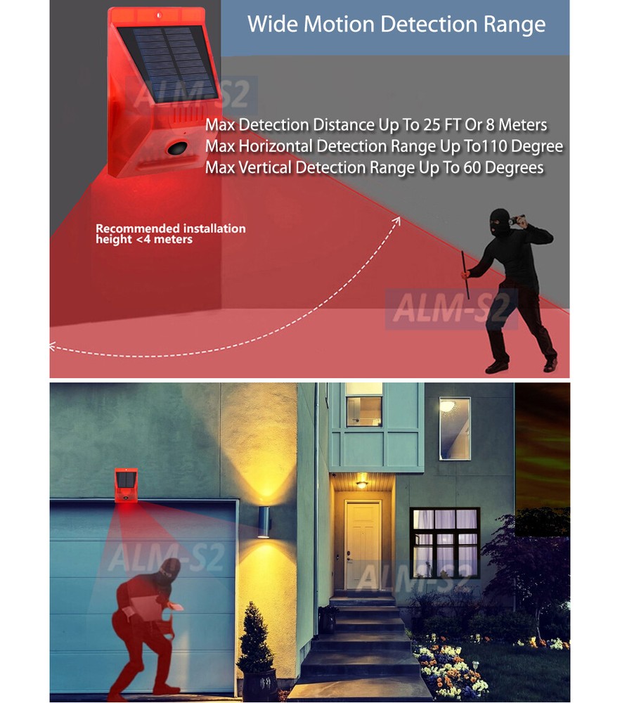 Solar Motion Sensor Alarm 110dB Siren Red Strobe Light for Home Security