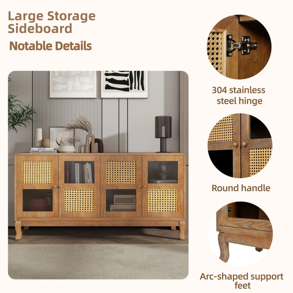 Retro 4-Door Sideboard with Large Storage Space Artificial Rattan Doors and Tr