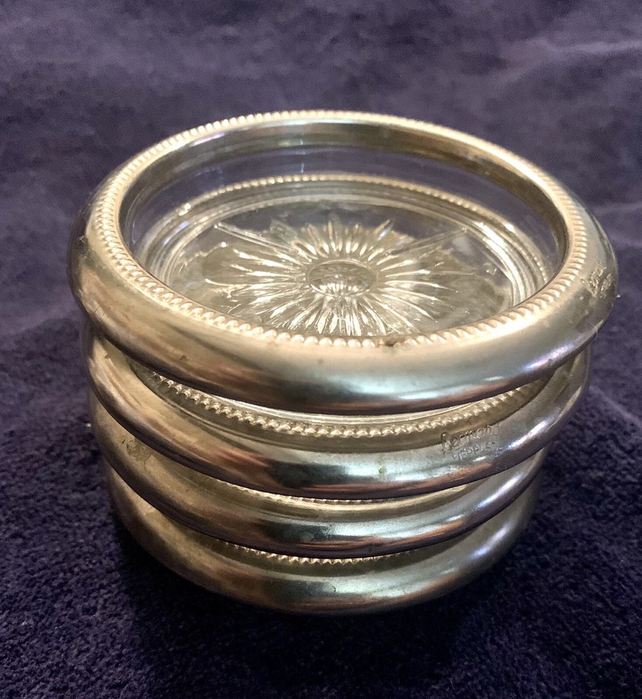 Vintage Leonard Leaded Glass & Silverplated Coasters Starburst Pattern ~4~