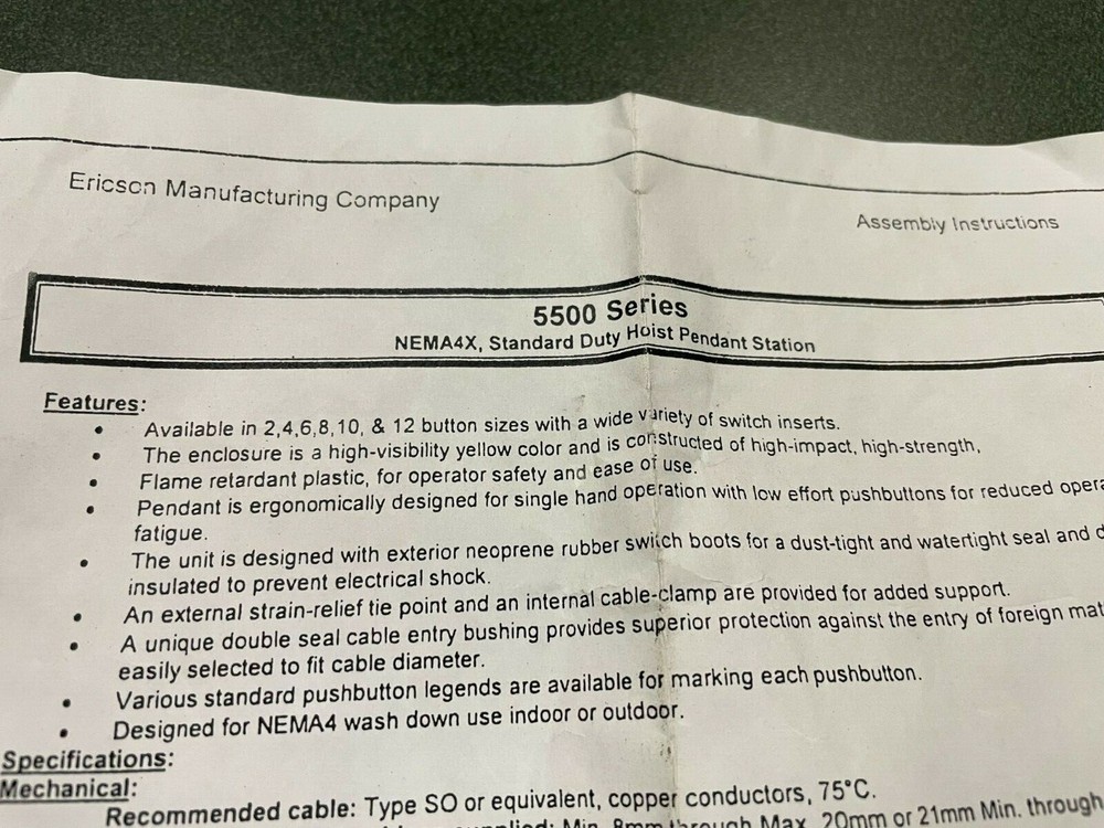 New Ericson Hoist Pendant Control 5500 Series