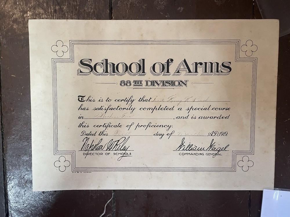 WW1 US Army 88th Division MG School Certificate