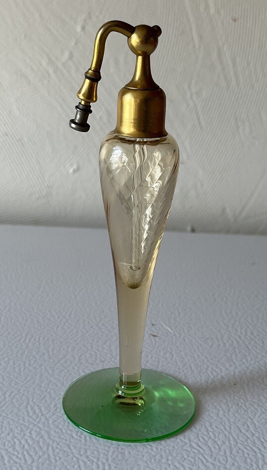 ANTIQUE VASELINE URANIUM GLASS PERFUME ATOMIZER BOTTLE