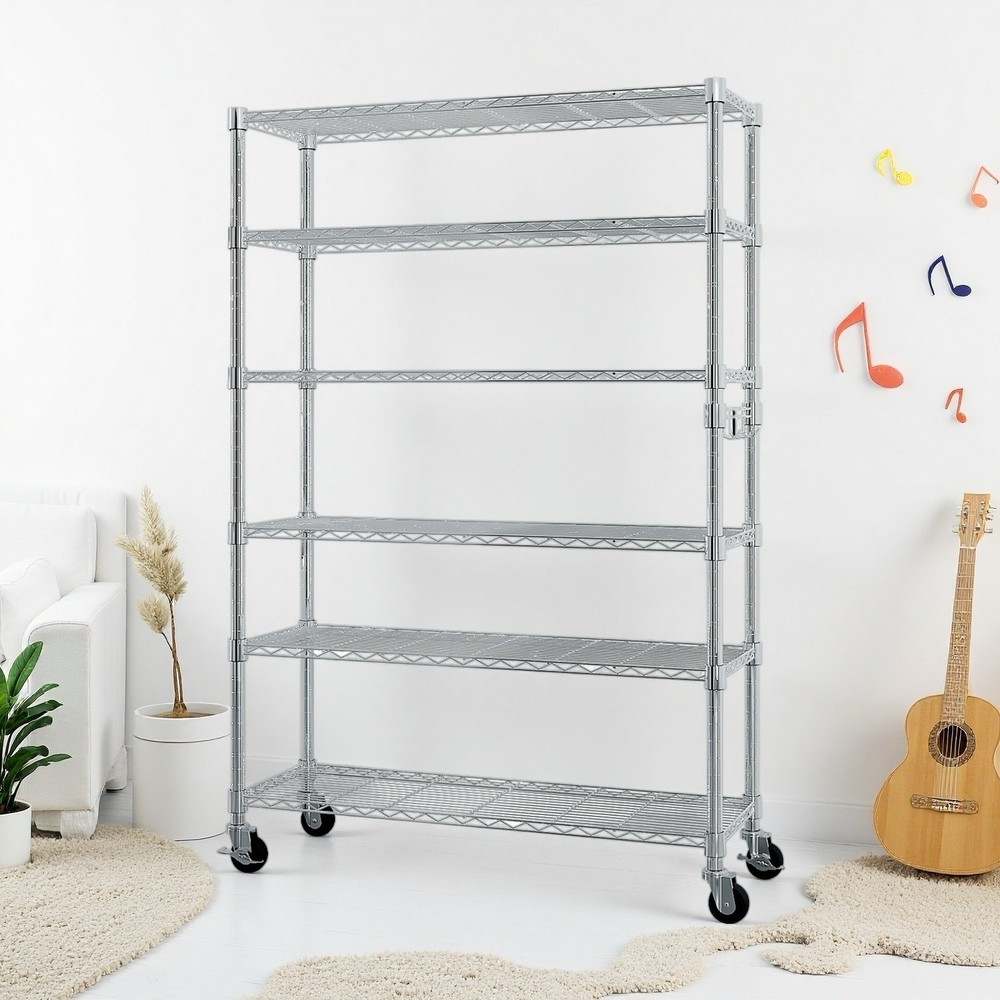 6-Tier Rolling Wire Shelving Unit - Heavy Duty, Adjustable, Hooks & Silver