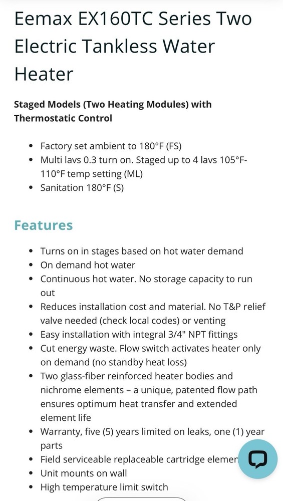 Eemax Ex160tc Electric Tankless Water Heater 277VAC Commercial General Purpose