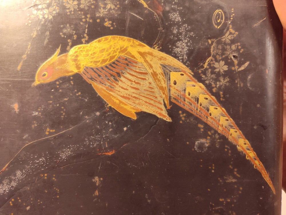 Antique Boho Shabby Chic Black Lacquer Japanese Box Pheasant Bird
