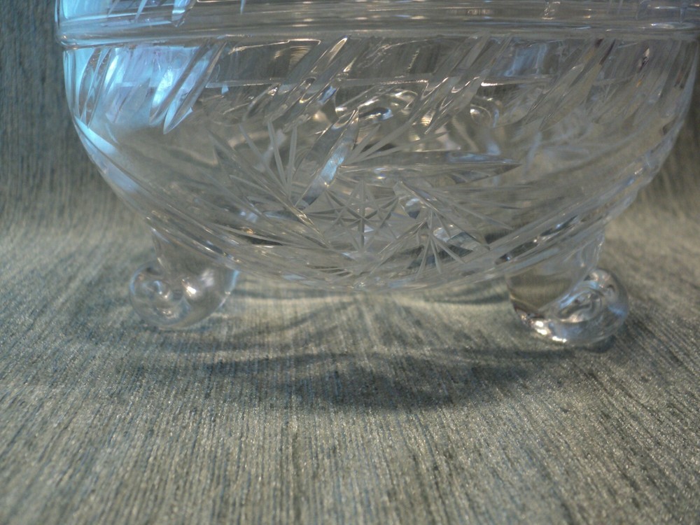 Crystal round covered footed candy dish.