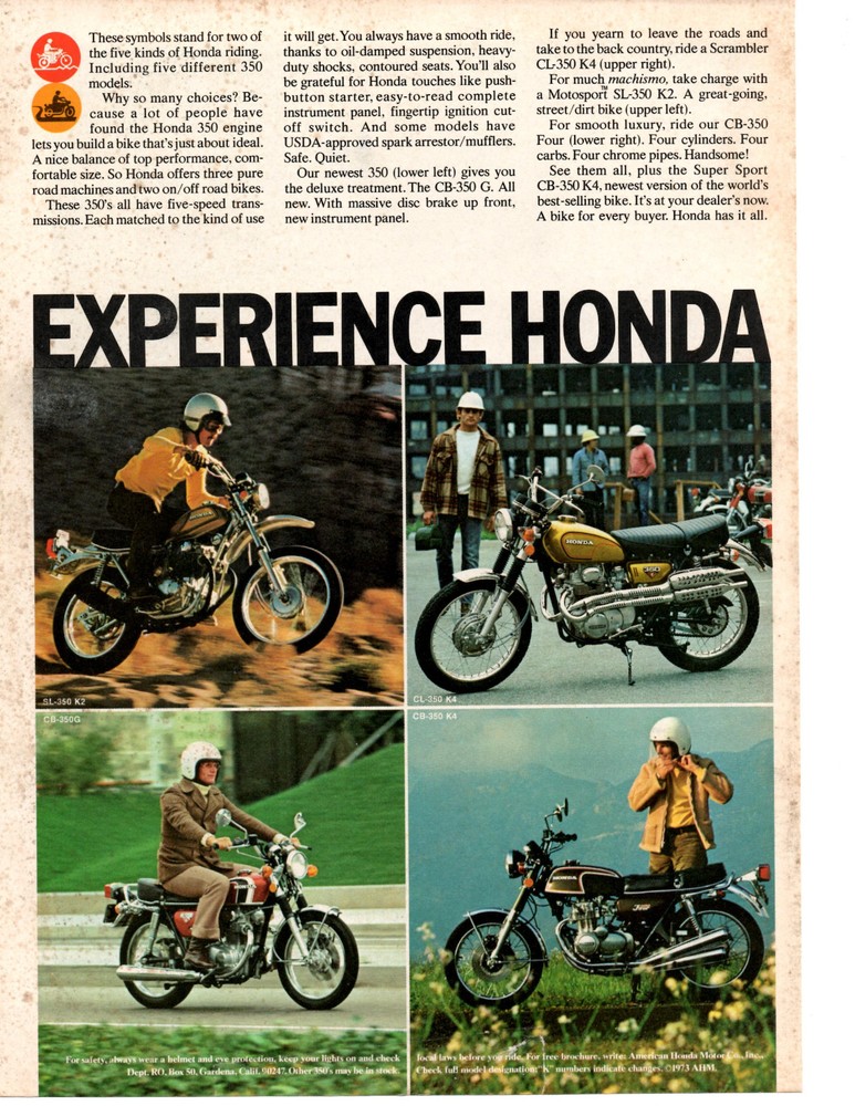 1973 HONDA MOTORCYCLE  ~  CLASSIC ORIGINAL PRINT AD