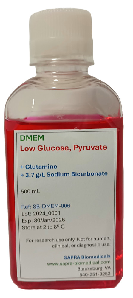 Dulbecco's Modified Eagle Medium (DMEM), 1X, Low Glucose, Pyruvate, 500mL
