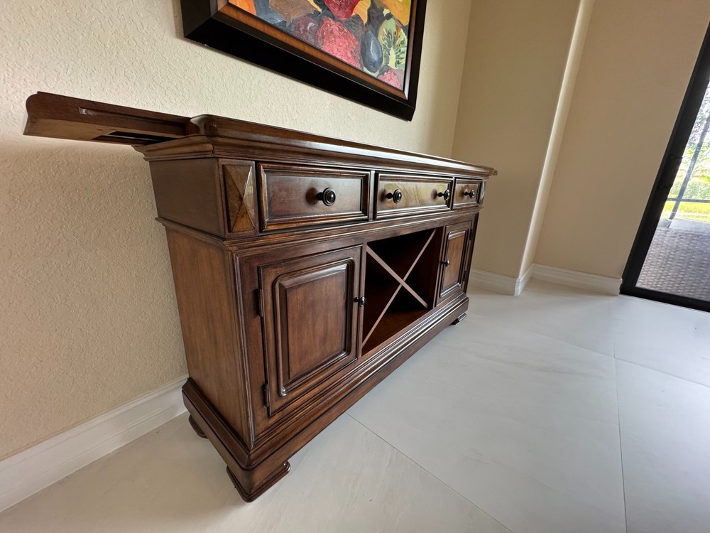 Antique Solid Wood Sideboard Buffet with Wine Rack & Granite Top