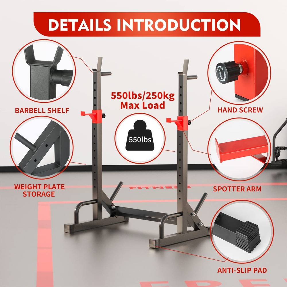 FONBEAR Squat Rack Barbell Bench Press Stand 550LBS Max Load Adjustable Multi-Fu