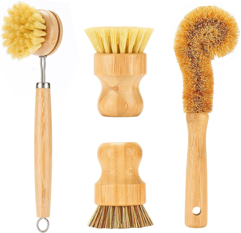 Bamboo Dish Brushes Sets 4 Tools in One Kitchen Clean Dish Scrubber for Pots Pan