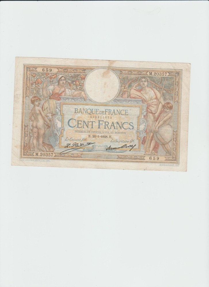 1928 French 100 Franc Banknote