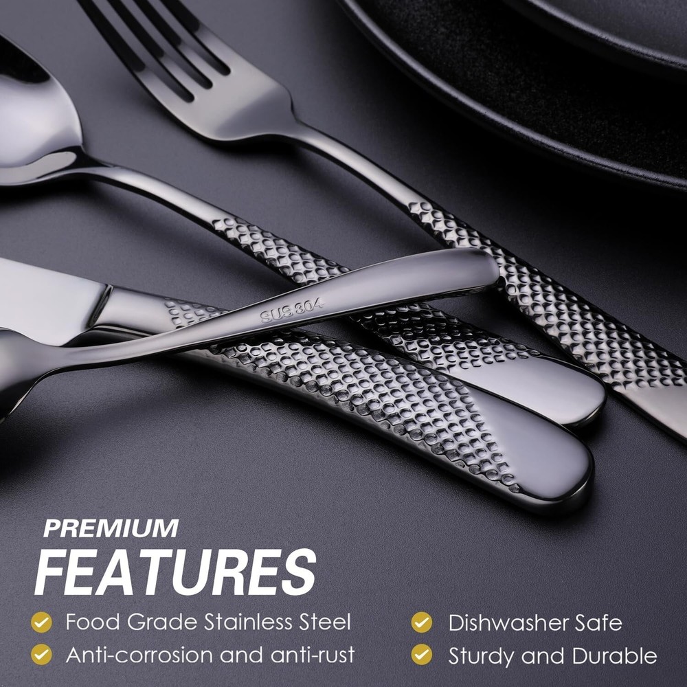 Premium 24-Piece Hammered Black Flatware Set - Mirror Polished & Dishwasher Safe