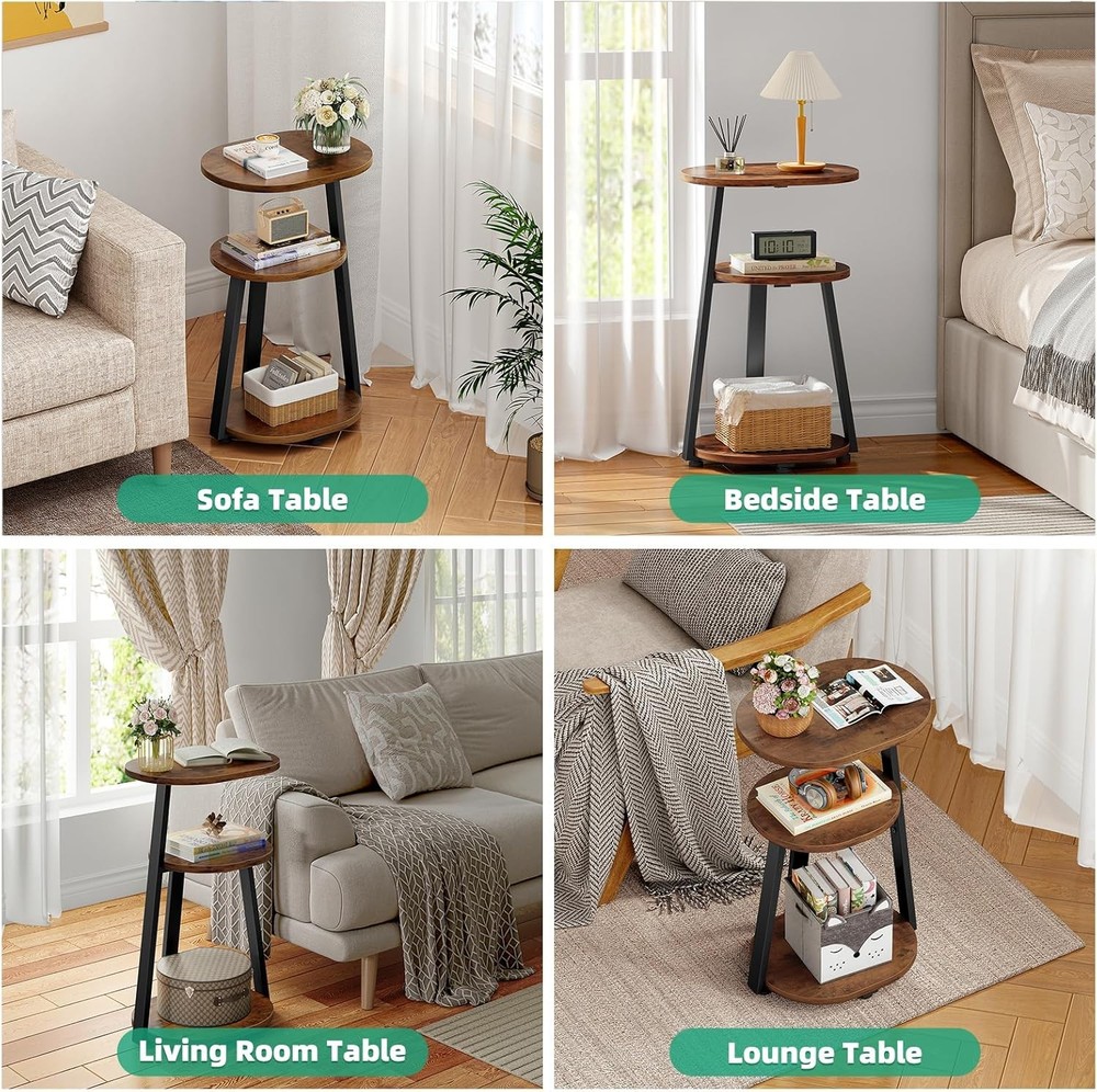 Side Table Small End Table W/ Metal Frame 3-Tier Bedside Tables Round Side