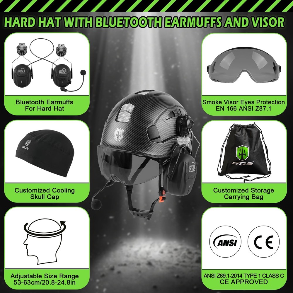 GREEN DEVIL Hard Hat with Bluetooth Ear Muffs and Visor Vented Work Safety He...