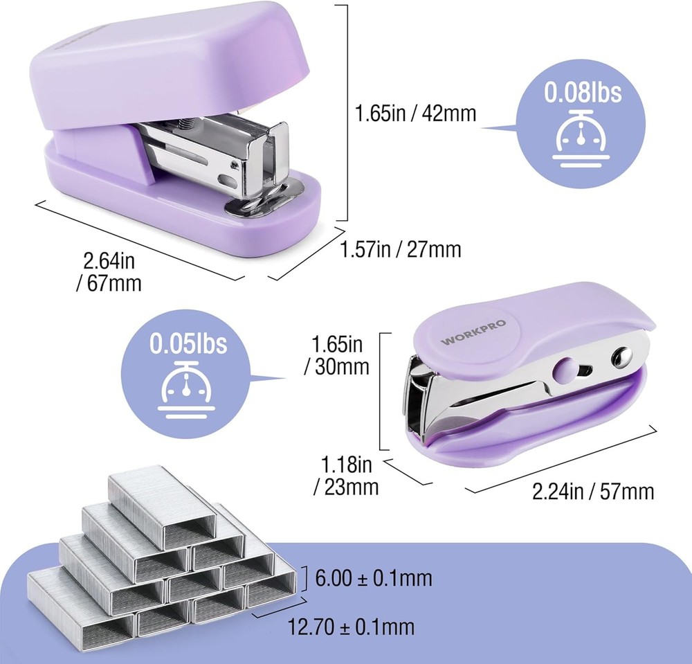 WORKPRO 3x Stapler Set 2x Mini Stapler 1PC Staple Remover 2000 Standard Staple