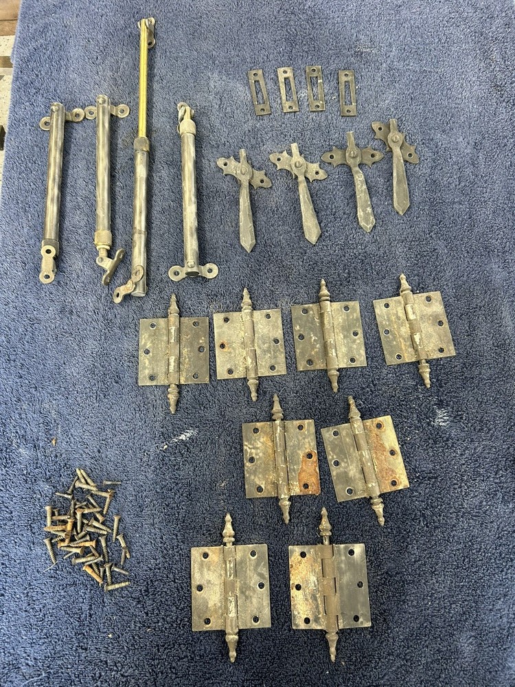 1930 Window Hardware 4 Sets Complete Latches Hinges Hold Open Pistons