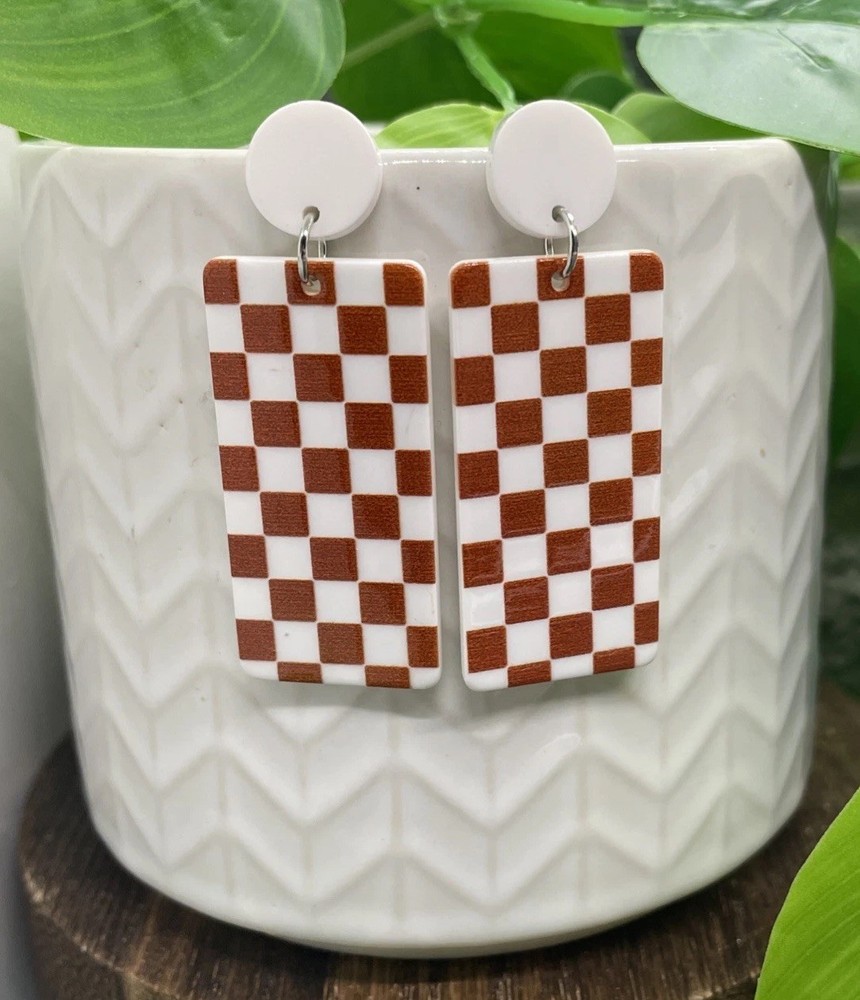 2” Silver-tone Acrylic Checkered Drop Dangle Earring Set New Free Ship B8206