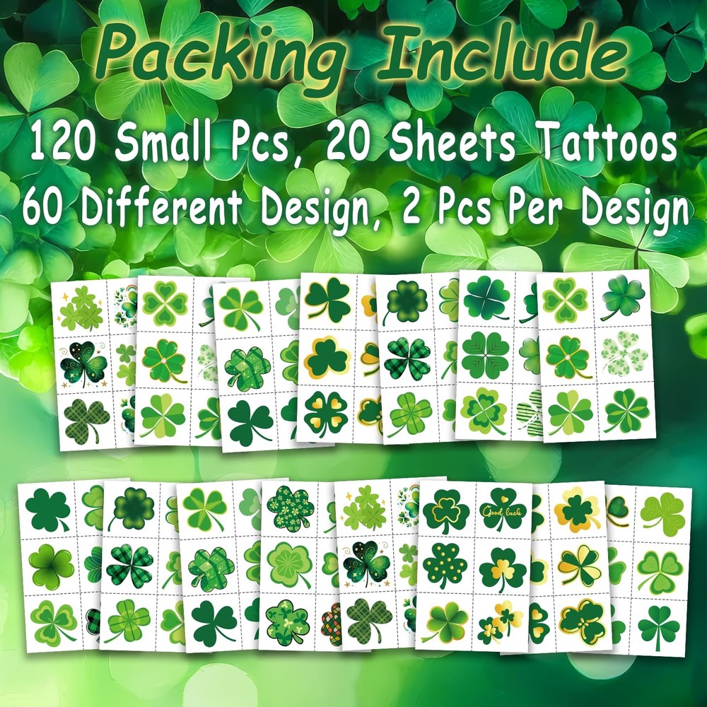 120Pcs Shamrock Temporary Tattoos Bulk - St Patricks Day Pre