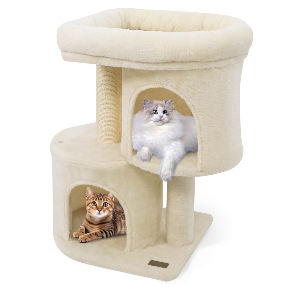 26” Small Cat Tree w/Large Padded Plush Perch, 2 Condos, Sisal Scratching Posts