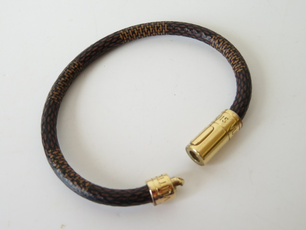 Authentic Louis Vuitton Damier Ebene Keep It Leather Bracelet S#44747