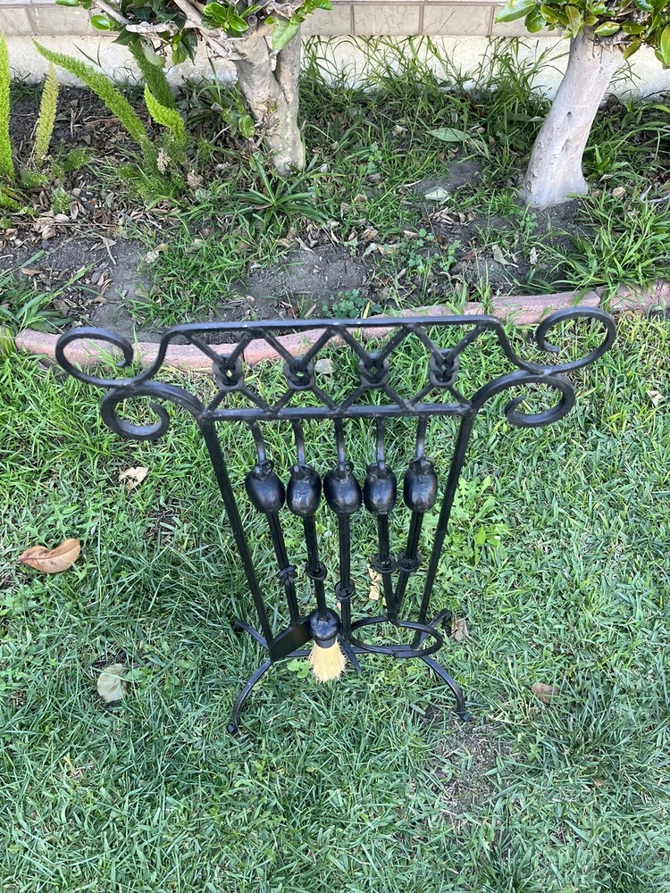 Vintage Wrought Iron 4 Pcs Fireplace Tools With Stand