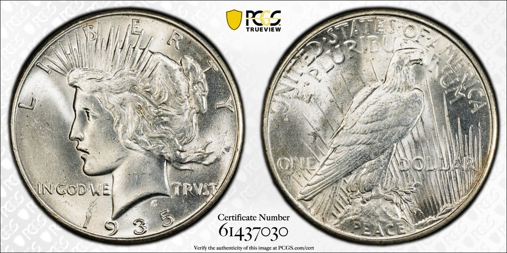 1935 Peace Silver Dollar - PCGS MS 64 - Gold Shield