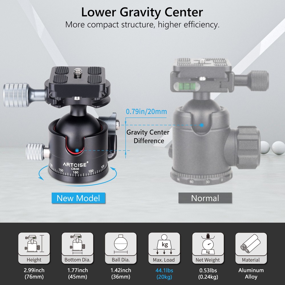 ARTCISE CB36 36mm Low Profile Tripod Head Heavy Duty Panoramic Ball Head