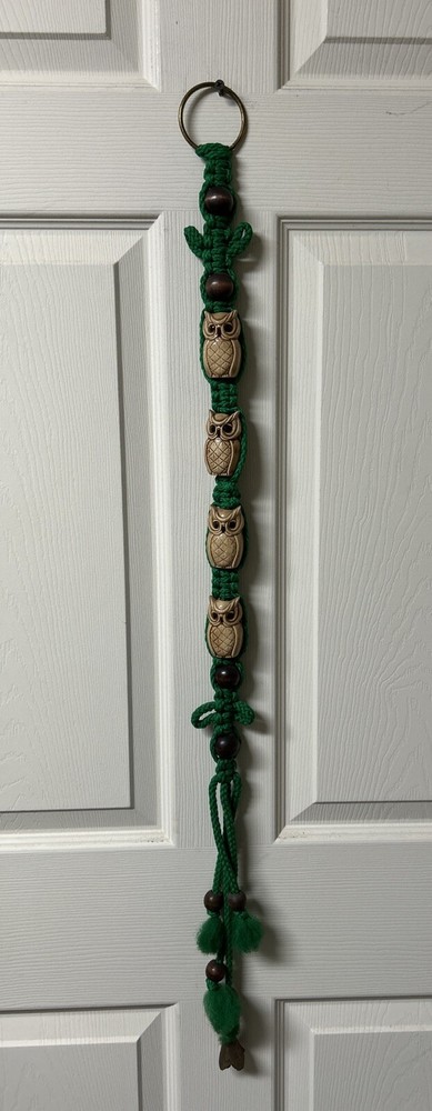 Vintage 70s Macrame Owls & Bell  Wall Hanging Hippy Boho￼36” Long