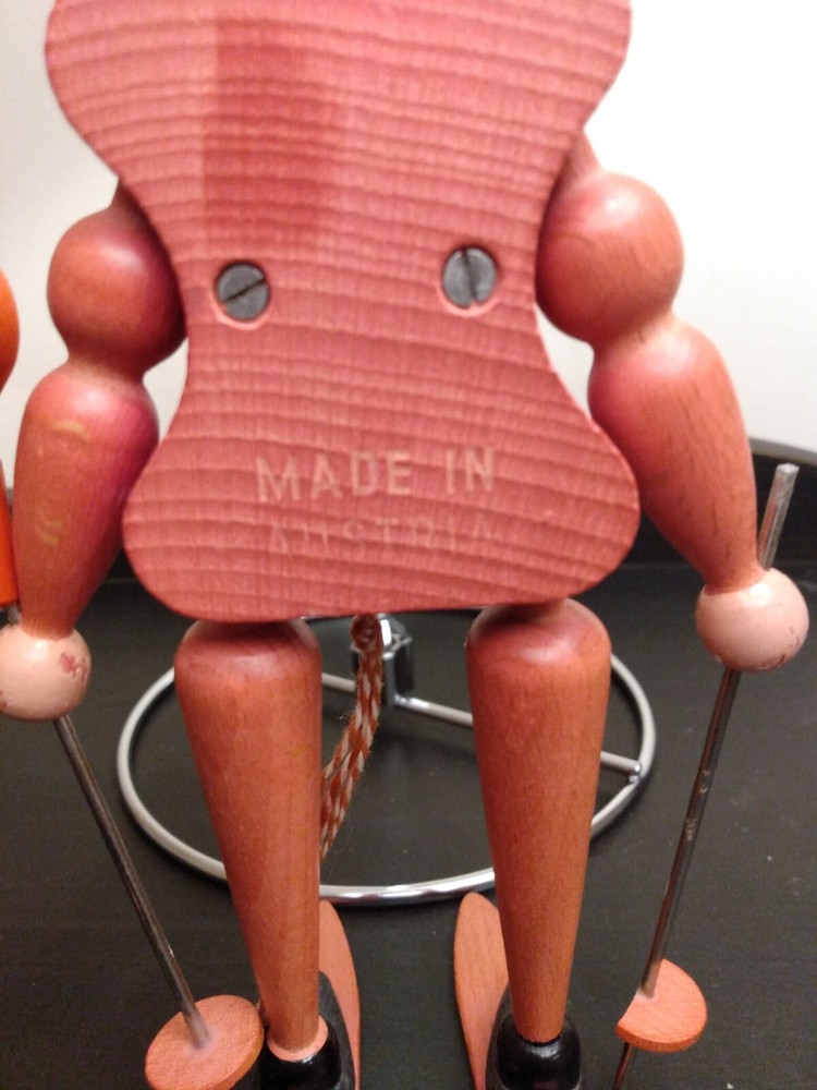 Vtg Made In Austria Wood Pull String Movable Skier Ornament