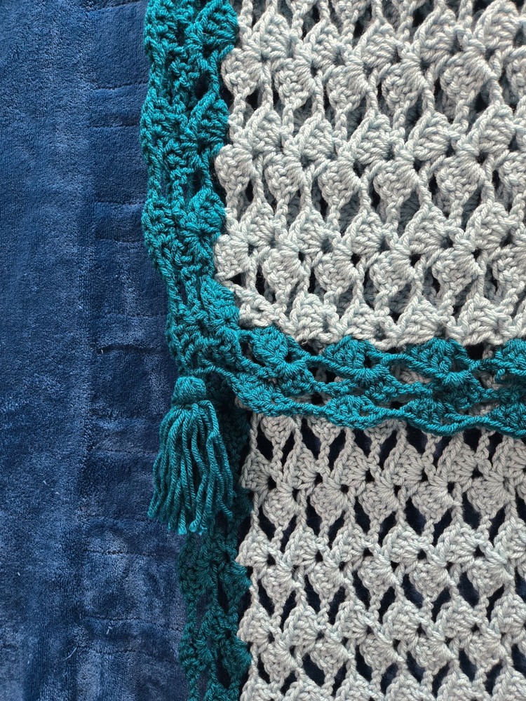 Crocheted Afghan Table Runner Handmade Dark & Light Green 19x60