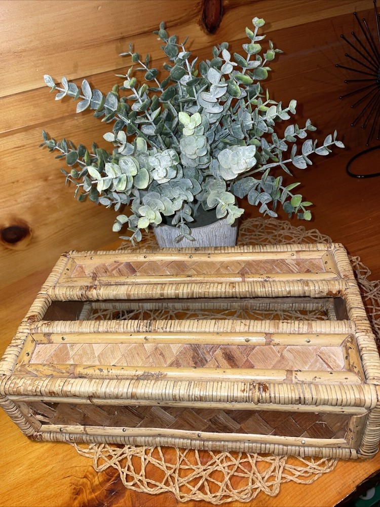 Vintage Tissue Box Cover Holder Bamboo Rattan Wicker Coastal Boho Rectangular