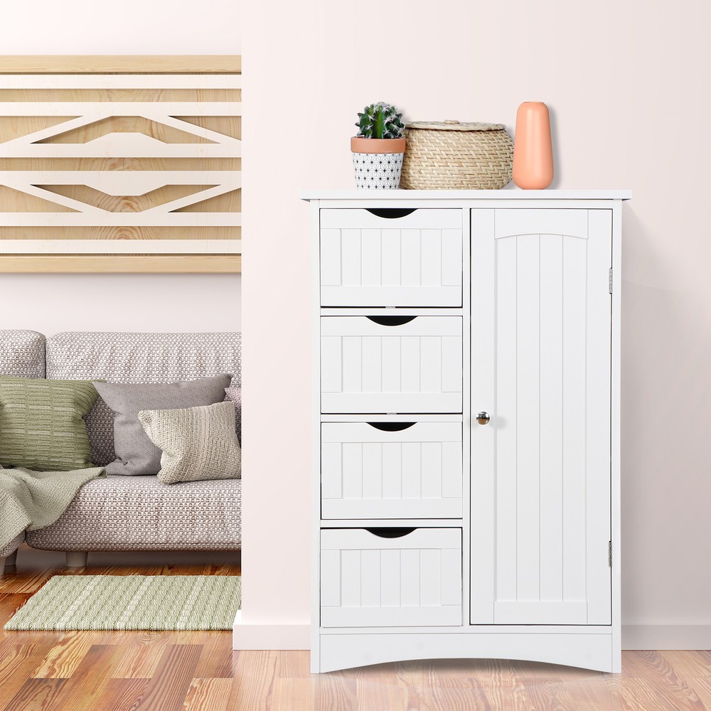 White Bathroom Storage Cabinet with Adjustable Shelf Floor Storage Cupboard