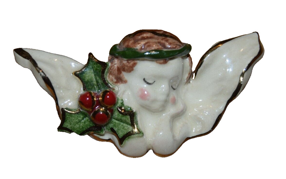 Christmas Pin Angel with Holly Clay Glazed
