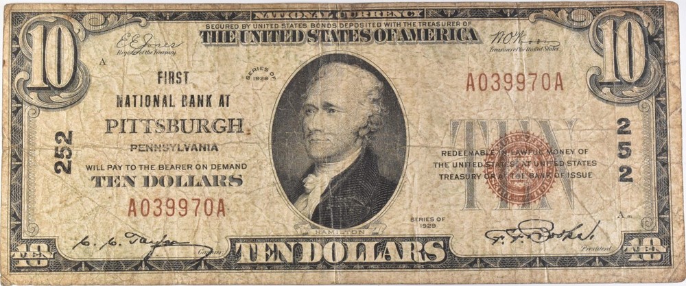 1929 $10 Pittsburgh PA National Currency Note Ch#252 *9620
