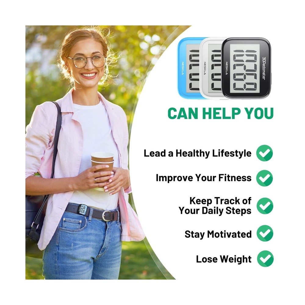 3D Pedometer for Walking, Simple Step Counter with Large Digital Display, Ste...