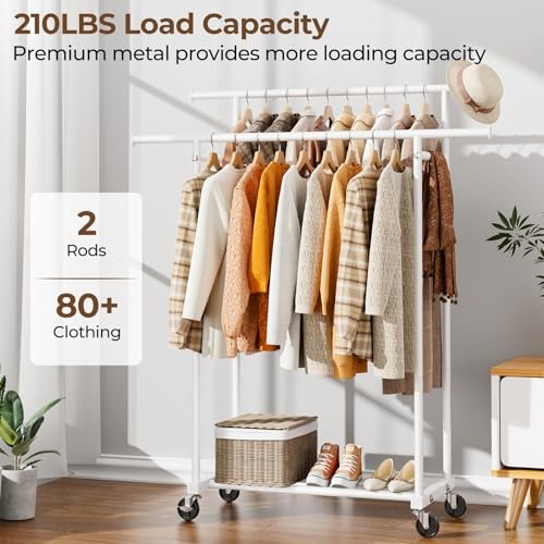 Double Rods Clothes Rack, Sturdy Rolling Clothing Rack, Portable White