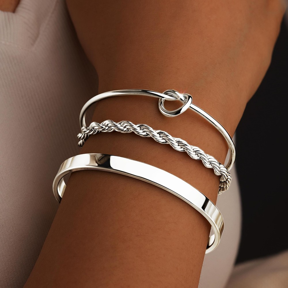 Silver Bracelets for Women Stack, Silver or Gold Plated Cuff Bangle Set, Tren...