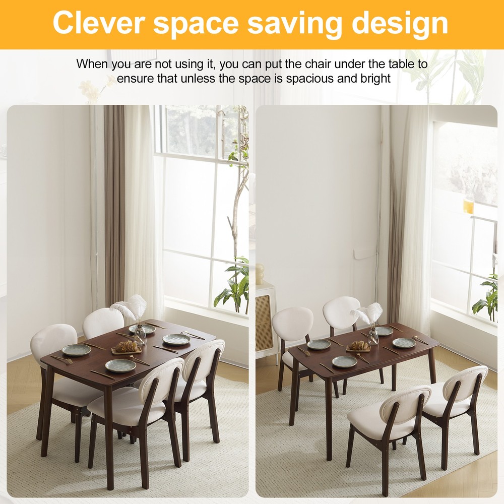 5pc Solid Wood Dining Set Deep Walnut Table & 4 Beige Padded Chairs Space-Saving