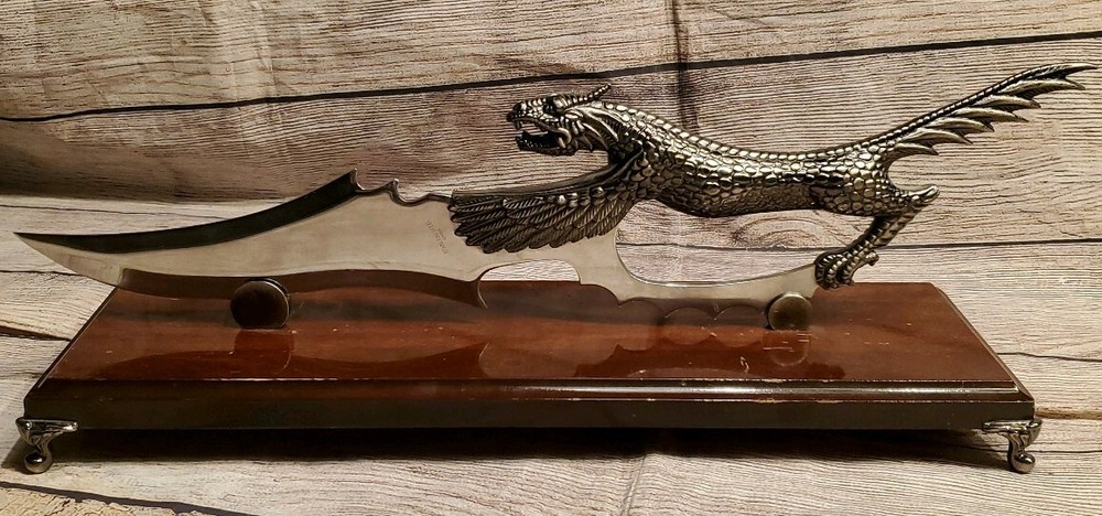 Large Bladed Dagger with a Dragon Handle and Footed Stand