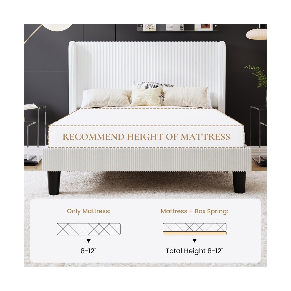 SHA CERLIN Queen Size Corduroy Upholstered Platform Bed Frame with Vertical C...