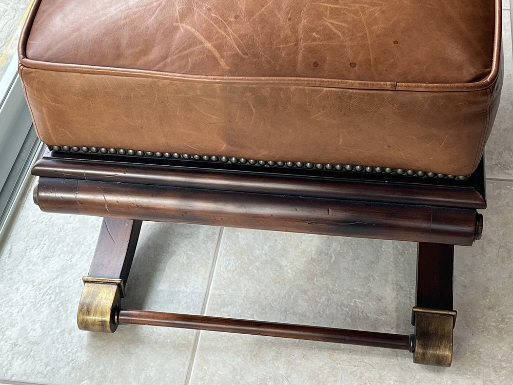 Baker McGuire Leather Ottoman Stool Art Deco Curule Style X-Shaped Base