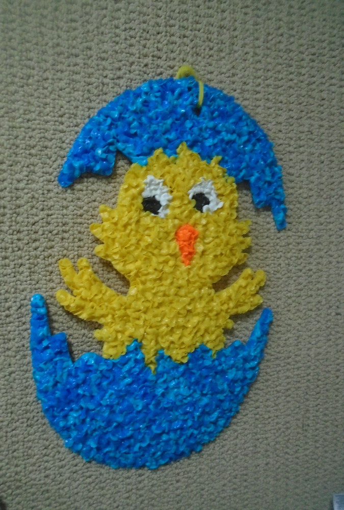 Vintage Melted Plastic Popcorn Easter Chick in Blue Egg/with KAGE TAG