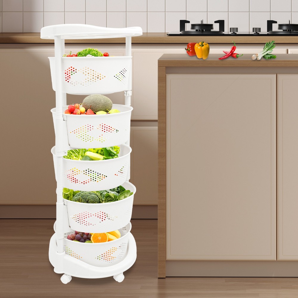 5-Tier Rotating Storage Shelf Kitchen Fruit Storage Basket Rack w/ Wheel