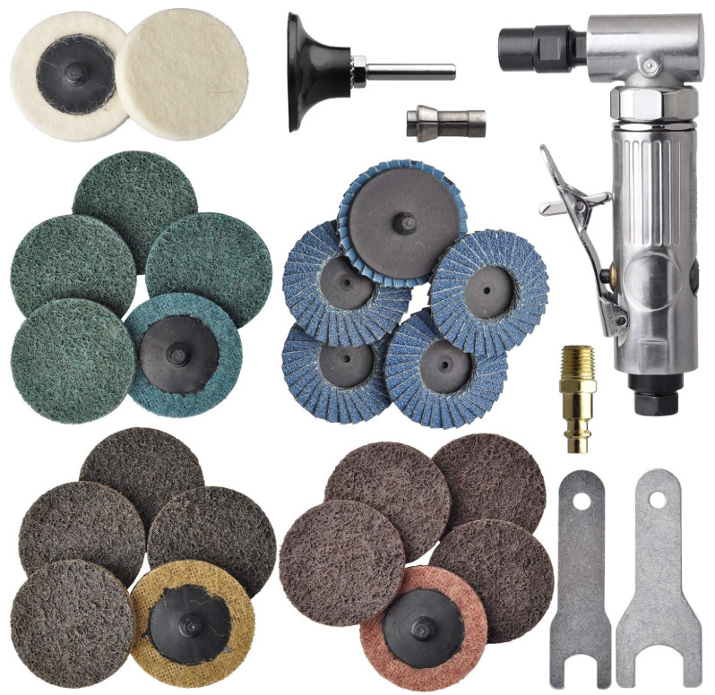 Mini amoladora aire 1/4” angular con 22 discos roll lock kit pulido, Nuevo