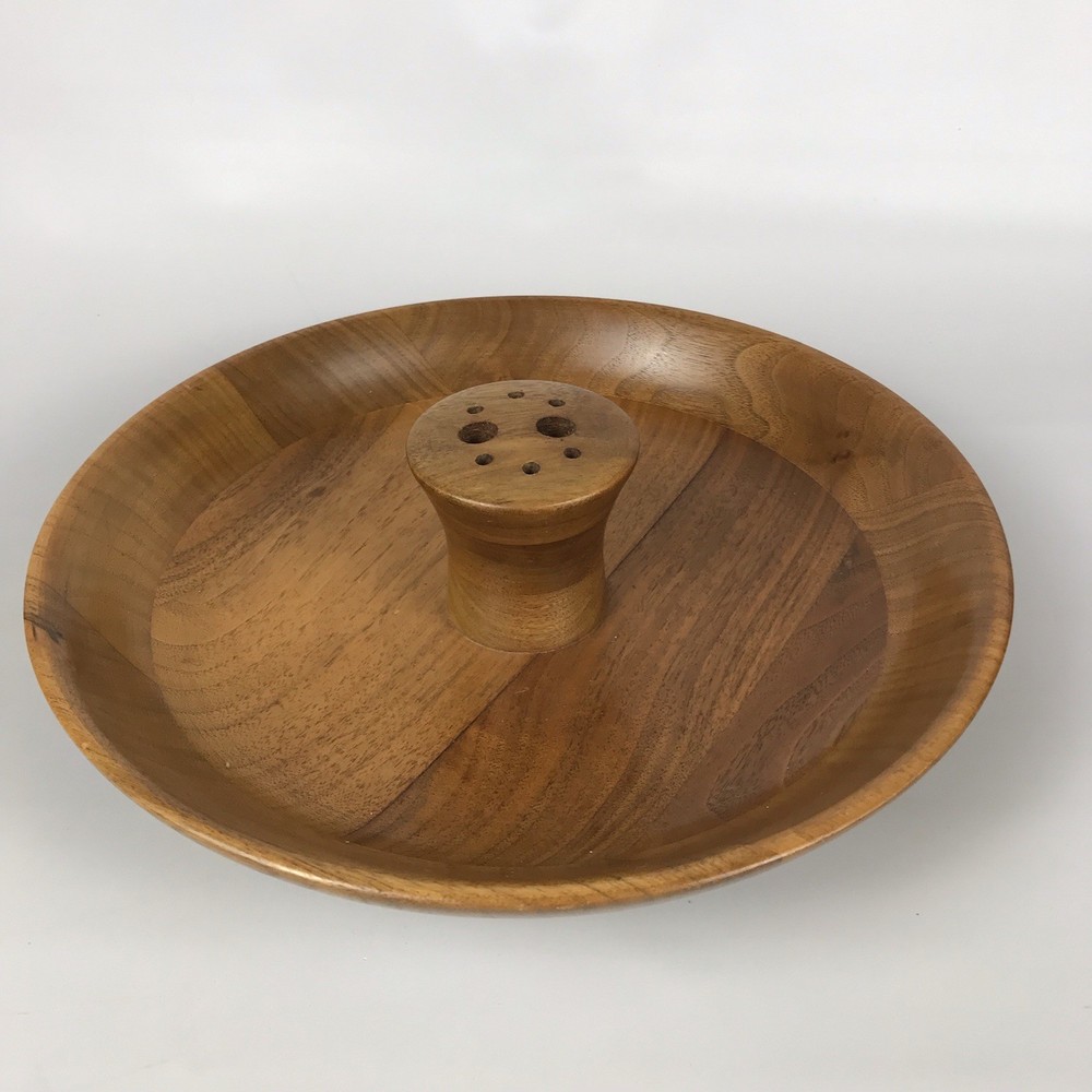 Vintage Solid American Walnut Wood Nut Serving Bowl Dish w/ Tools Cracker Picks