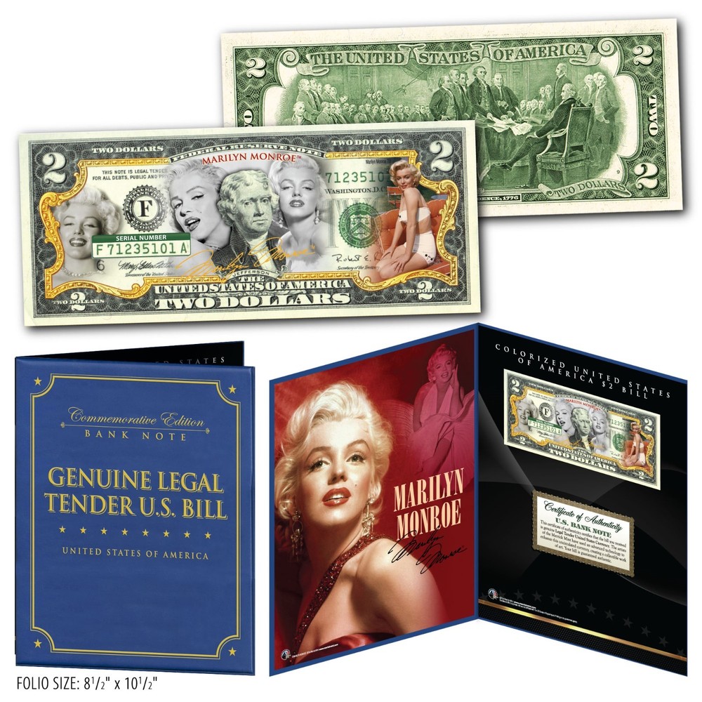 MARILYN MONROE Multi-Image Genuine US $2 Bill in Large Collectors Display Folio