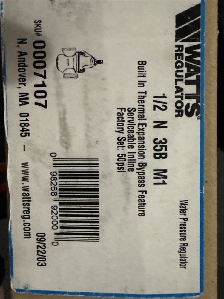 Watts Regulator N35B M1 Pressure Regulator Valve Size 1/2 50Psi Range: 25-75Psi