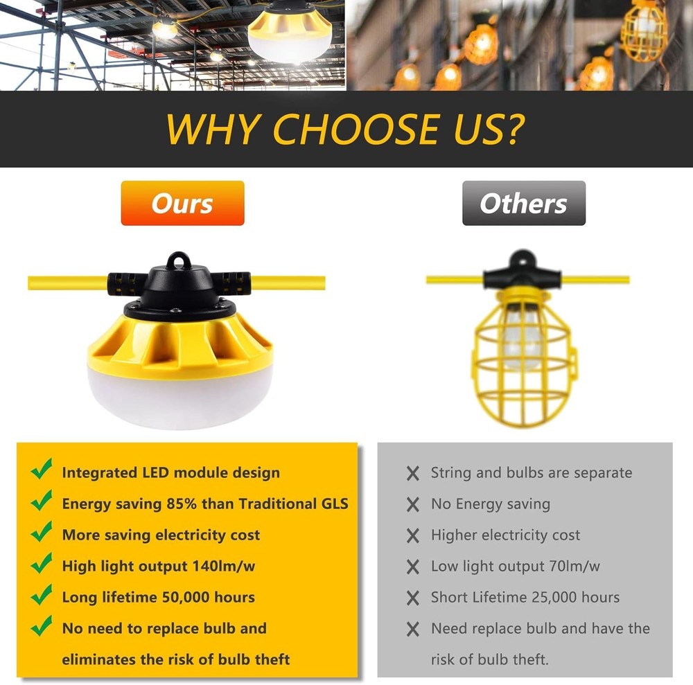 50ft Construction String Lights LED for Construction Sites Walkways Crawlspaces